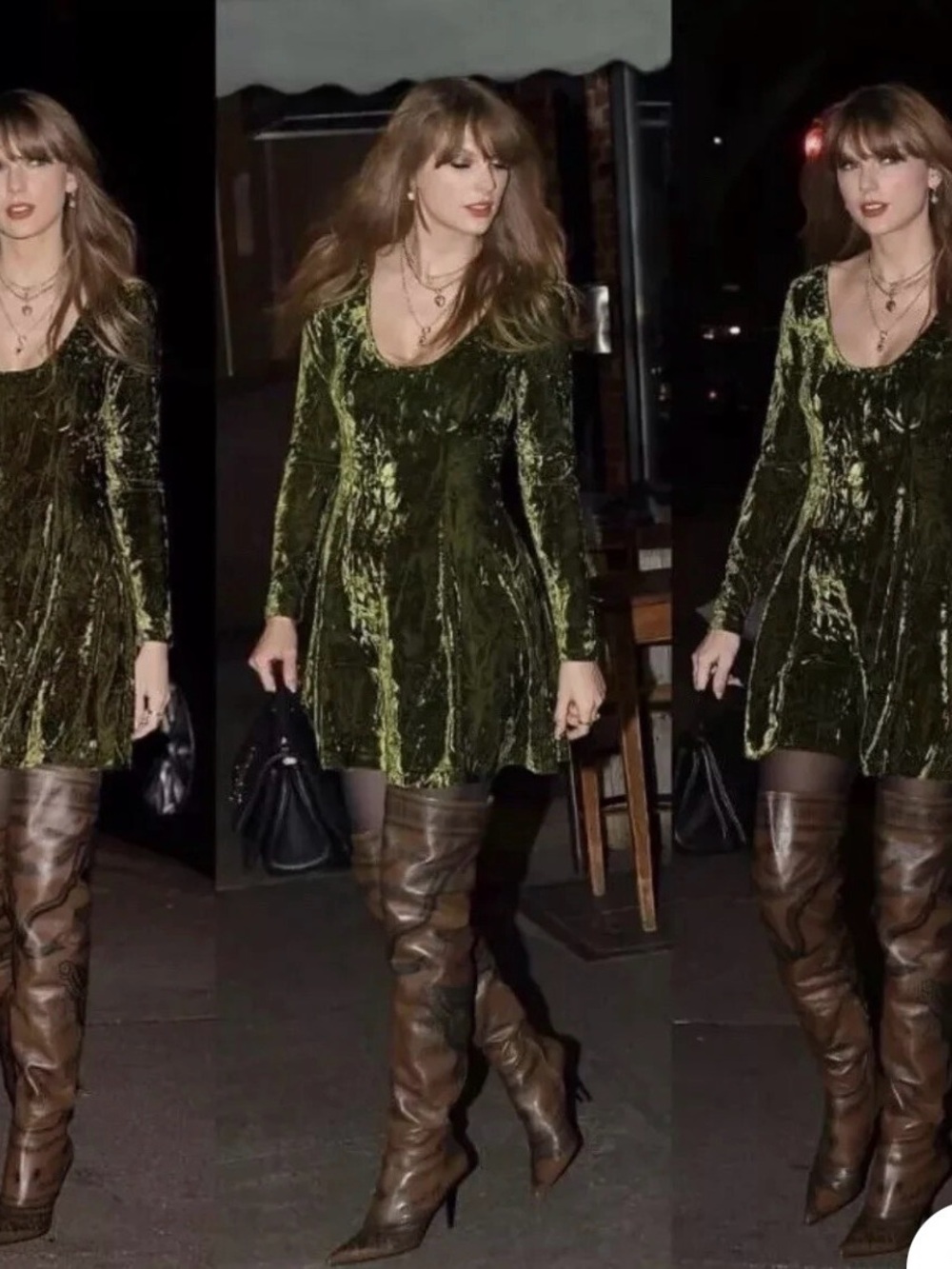 Velvet Long-Sleeve Mini Dress in Olive Green